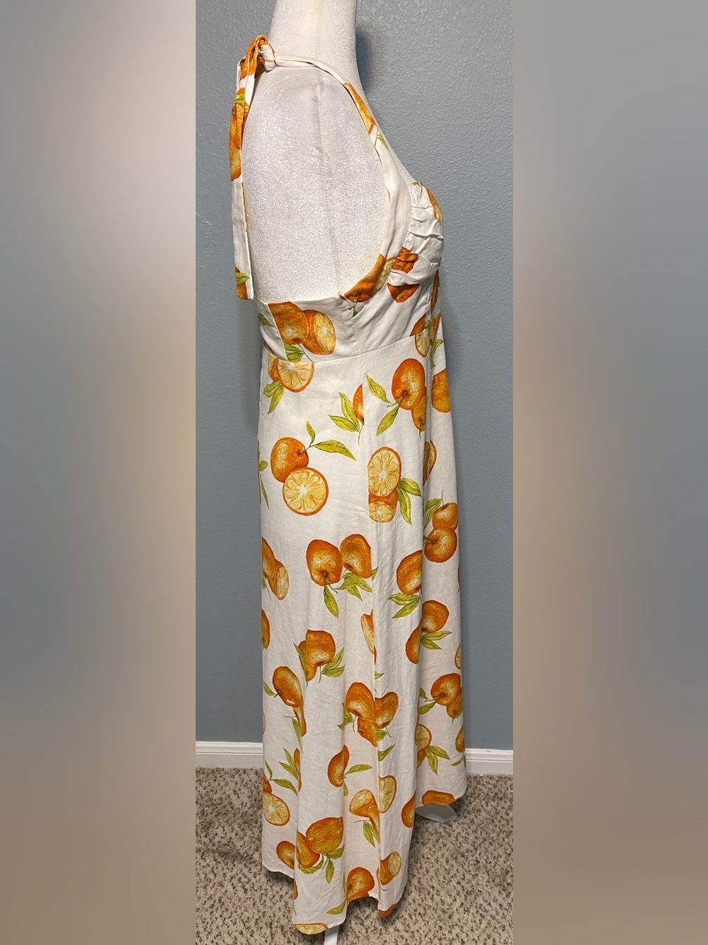 Zara Citrus Print Halter Midi Dress White Orange Fruit Sundress Coastal Large - Picture 3 of 11